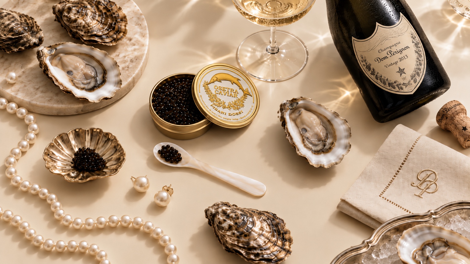 Oysters, caviar and champagne composition